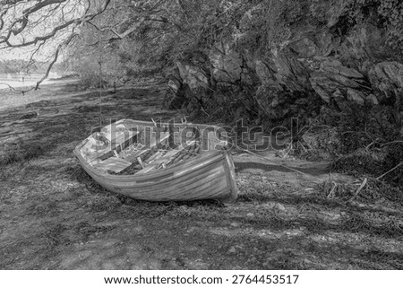 Abandoned Rowing Boat. Devon, cove, Black and White, UK.