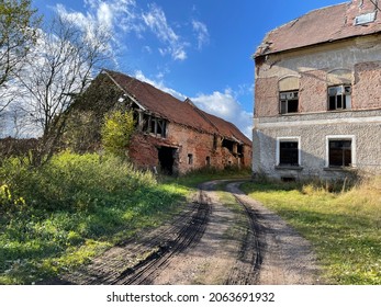 Abandoned ruin of old farmers house at the Czech Polish border. The building is next to the polish border in Kralovec not far from Trutnov. Giant mountains are around with deep forest. Tiles falling.