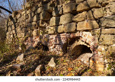 Abandoned ruins of old brick kilns at Pecumsaugan Creek and The Blackball Mines Nature Preserve in North Utica, Illinois. - Shutterstock ID 2240984443