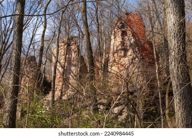 Abandoned ruins of old brick kilns at Pecumsaugan Creek and The Blackball Mines Nature Preserve in North Utica, Illinois. - Shutterstock ID 2240984445