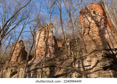 Abandoned ruins of old brick kilns at Pecumsaugan Creek and The Blackball Mines Nature Preserve in North Utica, Illinois. - Shutterstock ID 2240984449