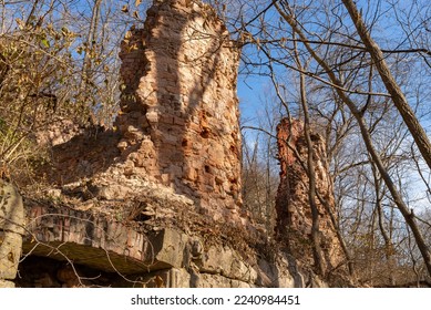 Abandoned ruins of old brick kilns at Pecumsaugan Creek and The Blackball Mines Nature Preserve in North Utica, Illinois. - Shutterstock ID 2240984451