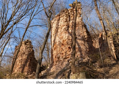 Abandoned ruins of old brick kilns at Pecumsaugan Creek and The Blackball Mines Nature Preserve in North Utica, Illinois. - Shutterstock ID 2240984465