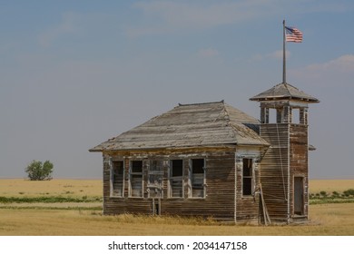 The abandoned and rundown Burnham Schoolhouse in Havre, Hill County, Montana 