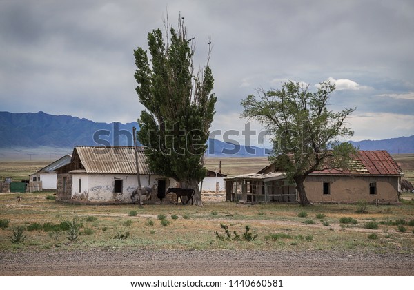 Abandoned Rural Houses Horses Cloudy Sky Stock Photo Edit Now