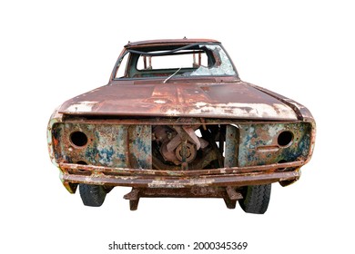 An Abandoned Rusted Car Isolated On White Background With Clipping Path.