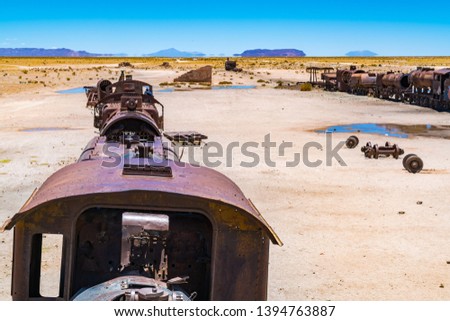 Abandoned rusty old train in the train cemetry at Uyuni Desert in Bolivia