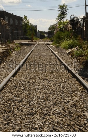                       Abandoned, rusty railroad tracks make their way behind a series of decaying warehouses. Brooklyn, NY 2005