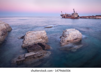Abandoned rusty ship Edro III near Pegeia, Paphos, Cyprus at sunrise long exposure
