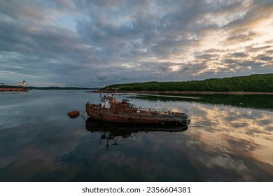 Abandoned rusty ship, Kola Bay, Severomorsk, Murmansk region, Russia, Far North, Arctic
