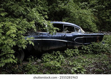 An abandoned rusty vintage car parked in the yard of a house in a village. - Powered by Shutterstock