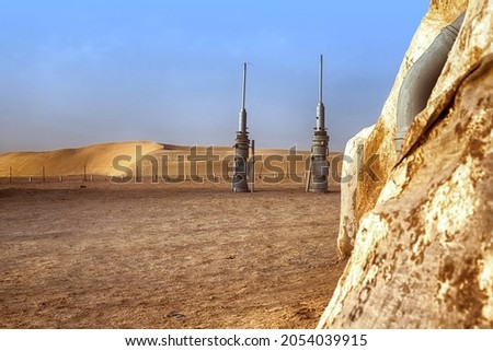 abandoned scenery of the planet Tatooine for the filming of Star Wars in the Sahara Desert.