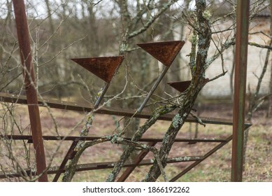 Abandoned School Playground In Village Kryva Gora, Post Apocalyptic Landscape, Spring Season In Chernobyl Exclusion Zone, Ukraine