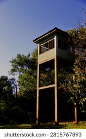 Abandoned sentry box surrounded trees in a park