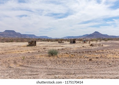 Abandoned shacks in a beautiful landscape of Damaraland, Namibia.