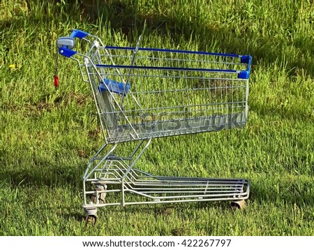 Abandoned shopping cart with a lock has been left on wheels at the grass land