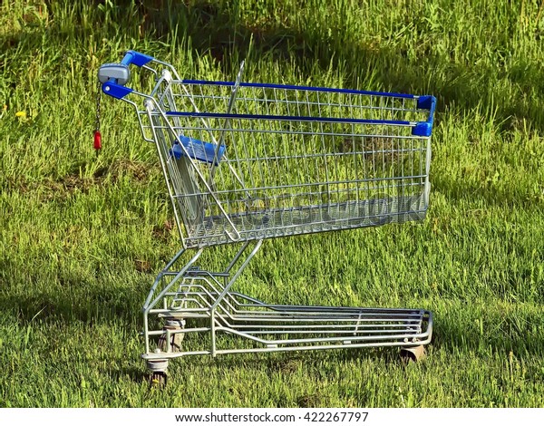 Abandoned shopping cart with a lock has been left on\
wheels at the grass\
land