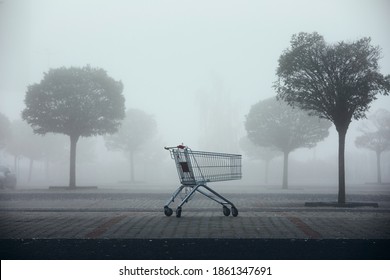 Abandoned shopping cart on parking lot in thick fog. Themes shopping, financial crisis and gloomy weather.