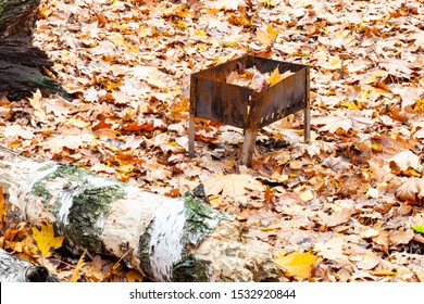 Abandoned Small Barbecue Grill With Trash On Meadow Covered By Fallen Leaves In City Park In Autumn