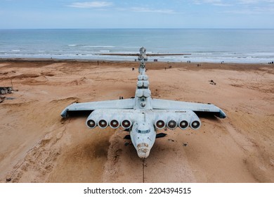 Abandoned Soviet Lun-class Ekranoplan On The Coast Of The Caspian Sea, Aerial View.