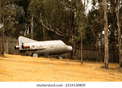 Abandoned space shuttle with forest background