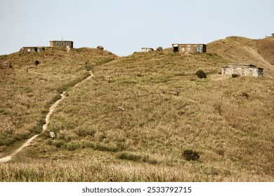Abandoned Stone Structures on Rolling Hills Under Clear Sky, Lantau Mountain Camp, Sunset Peak, Hong Kong