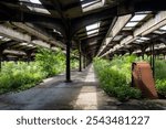 Abandoned train tracks in Bush shed at Central Railroad of New Jersey Terminal (CRRNJ) in Jersey City, New Jersey. Bush-type trainsheds, largest ever to be constructed and designed by A. Lincoln Bush.