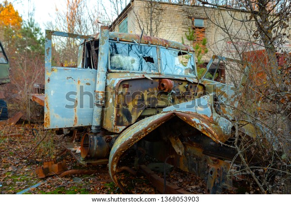 Abandoned\
truck left outside at Chernobyl Fire\
station