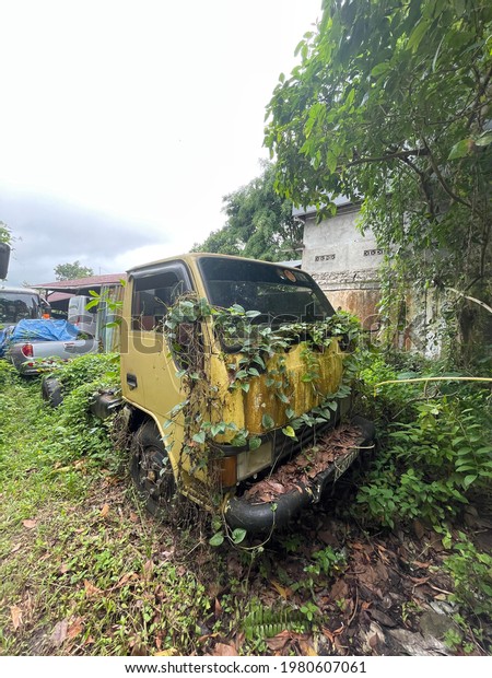 Abandoned truck with\
overgrown plants