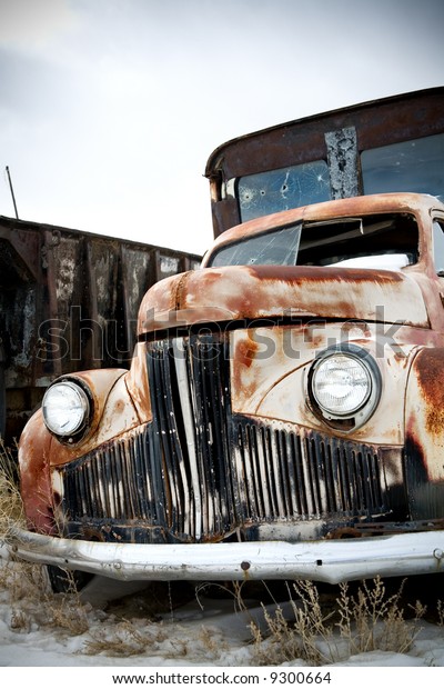 abandoned truck in rural
wyoming junkyard