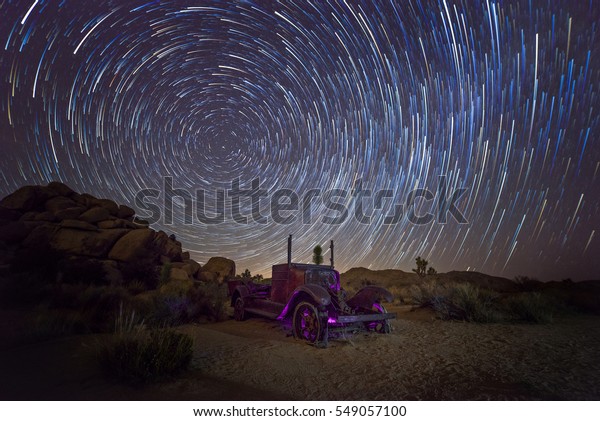 Abandoned\
truck star trails in Joshua Tree National Park\

