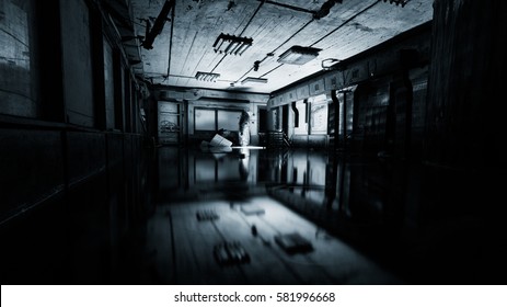 Abandoned Underground Ex Soviet Cold War Bomb Shelter. Ghostly Figure Walking Through. Atmosphere Of Fear. Exclusive Quest And Rage Room Design. 