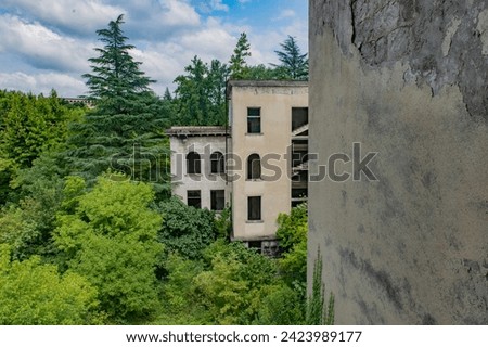 Abandoned Urban Decay; Withering Sanatorium and Buildings with Broken Windows, Engulfed by Nature