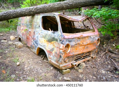 Abandoned Van with fallen tree on top, in forest, Virginia. 