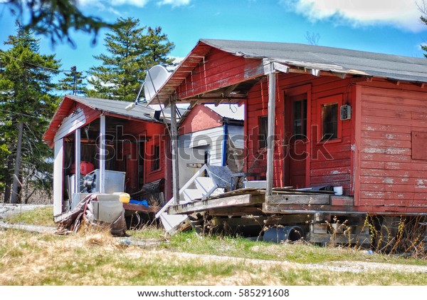 Abandoned Wooden Cabins Deteriorating Collapsing Heat Stock Photo