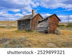 Abandoned wooden house in the badlands near the Dorothy hamlet in Alberta, Canada