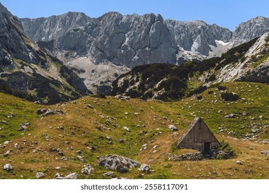 Abandoned wooden hut in alpine mountainous landscape in Montenegro, Durmitor. Idyllic summer panorama with a view of shelter house and high Alpine peaks under blue sky on a background. - Powered by Shutterstock