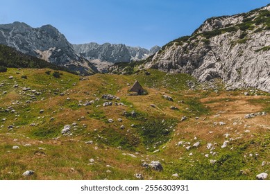 Abandoned wooden shepherds hut in alpine mountainous landscape in Montenegro, Durmitor. Idyllic summer panorama with a view of old house and high Alpine peaks under blue sky on a background. - Powered by Shutterstock