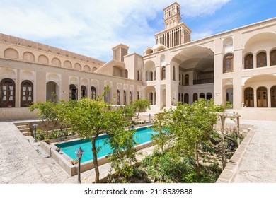 Abarkook, Iran – April 10, 2019: Courtyard and wind catcher, Aghazadeh Mansion, Abarkook, Yazd Province, Iran