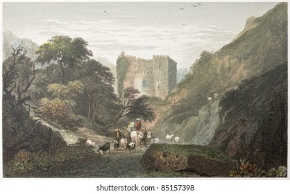 Abazia ruins, near Messina, Sicily. Created by De Wint and Goodall, printed by McQueen, publ. in London, 1821. Ed. on Sicilian Scenery, Rodwell and Martins, London, 1823