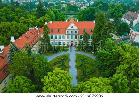 Abbots Palace in Gdansk Oliwa on a cloudy summer morning. View from a drone.