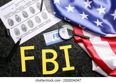 Abbreviation FBI With Magnifier, Finger Prints, Flag Of USA And Document Of Agent On Dark Background