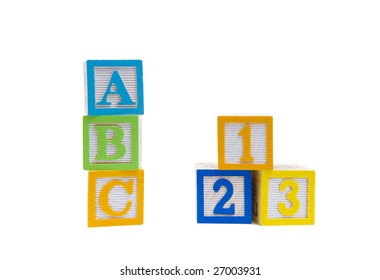 ABC 123 spelled out in wooden blocks isolated on a white background