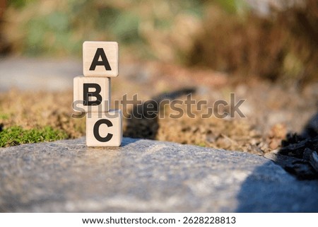 ABC text on cubes standing on a stone on a natural background