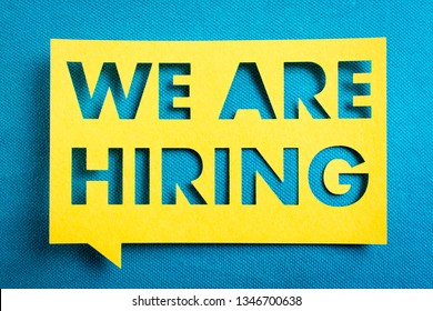 ABC of we hiring ad, hiring poster, job advertisement, job openings, hr recruiting. "We are hiring" yellow banner on blue textured background.