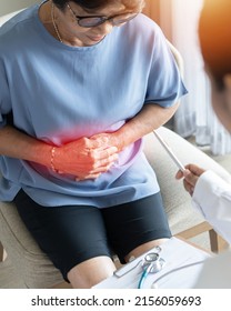 Abdominal Pain In Elder Senior Mature Aging Woman With Stomachache Illness From Stomach Cancer, Irritable Bowel Syndrome, Indigestion, Diarrhea Or GERD (gastro-esophageal Reflux Disease)