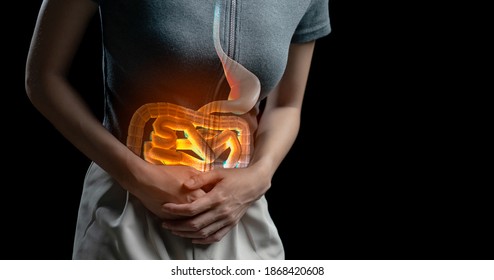 Abdominal Pain Woman, Photo Of Large Intestine On Woman Body, Stomachache Diarrhea Symptom, Menstrual Period Cramp Or Food Poisoning. Health Care Concept.