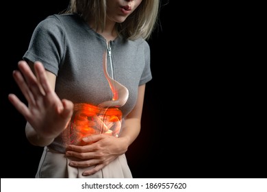 Abdominal Pain Woman, Photo Of Large Intestine On Woman Body, Stomachache Diarrhea Symptom, Menstrual Period Cramp Or Food Poisoning. Health Care Concept.