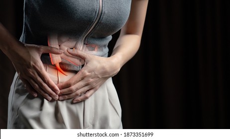 Abdominal Pain Woman, Photo Of Large Intestine On Woman Body, Appendix Pain. Health Care Concept.