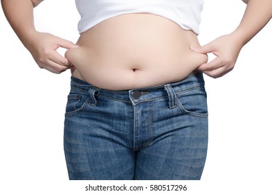 abdominal surface of fat woman on white background